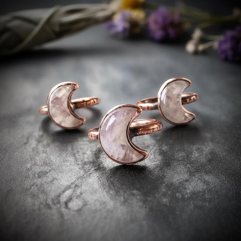 Kunzite Crescent Moon Ring: Electroformed Copper Boho Jewelry - BlackbirdSageStudio