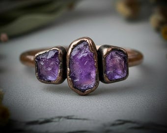 Raw Amethyst Three Stone Ring | February Birthstone | Antique Copper Electroformed | Made to Order
