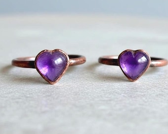 Electroformed Copper Amethyst Heart Ring: Bohemian February Birthstone