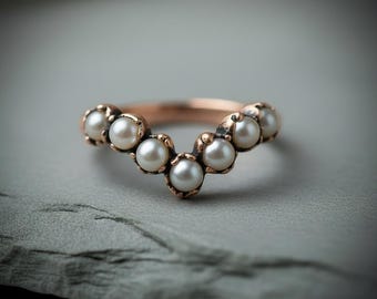 Freshwater Pearl Chevron Ring | June Birthstone | Antique Copper Electroformed | Made to Order