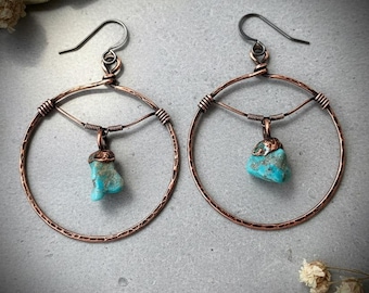 Raw Turquoise Hoop Earrings | Statement Hoops | Handcrafted Electroformed Copper | Made to Order