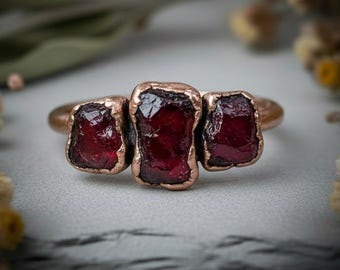 Deep Red Garnet Three Stone Ring | January Birthstone | Antique Copper Electroformed | Made to Order