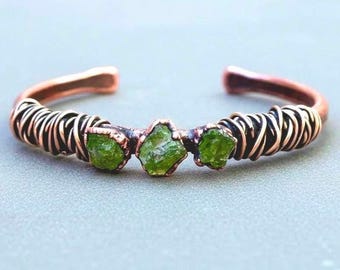 Raw Peridot Copper Cuff Bracelet: Electroformed Wire Wrapped Bangle
