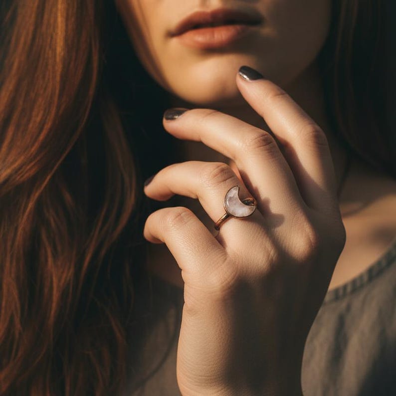 Kunzite Crescent Moon Ring: Electroformed Copper Boho Jewelry - BlackbirdSageStudio