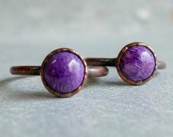 Electroformed Charoite Copper Ring: Hand Hammered Bohemian Jewelry