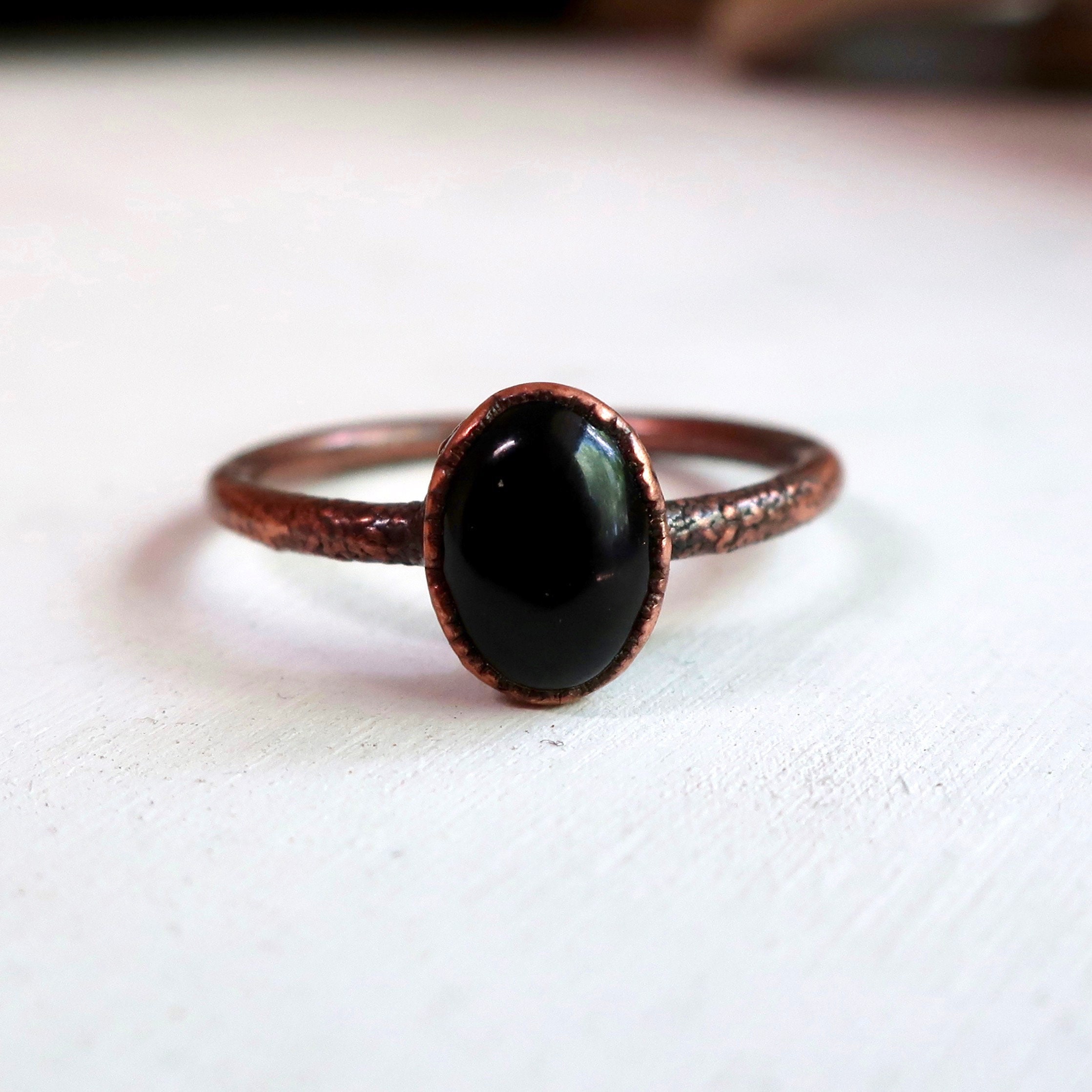 Black Stone Ring Copper Electroformed Jewelry Natural Stone Jewelry Onyx Copper Ring Size 7