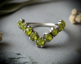 Raw Peridot Chevron Ring | August Birthstone | Electroformed Silver | Made to Order