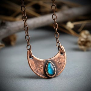 Labradorite Crescent Moon Necklace | Pear Cabochon | Handcrafted Copper | Made to Order