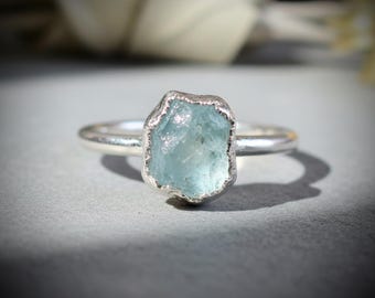 Raw Aquamarine Ring | Silver Plated Electroformed | March Birthstone | Made to Order