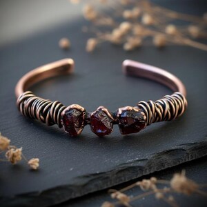 Raw Garnet Copper Cuff | Bronze Wire Wrap | Handcrafted Electroformed Copper | Made to Order