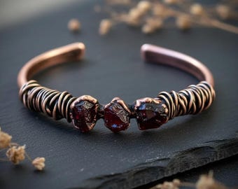 Raw Garnet Copper Cuff | Bronze Wire Wrap | Handcrafted Electroformed Copper | Made to Order