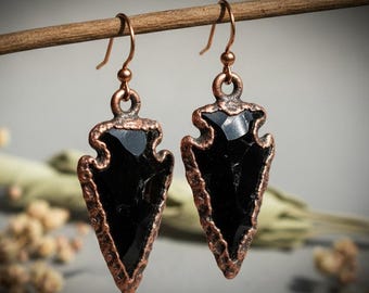 Obsidian Arrowhead Earrings | Electroformed Copper, Niobium Wire | Handcrafted Boho Jewelry