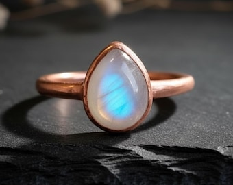 Rainbow Moonstone Ring | 9x7mm Teardrop | Handcrafted Electroformed Copper | Made to Order