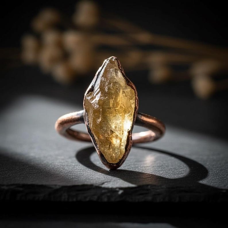 Raw Citrine Copper Ring: Electroformed Boho Crystal Jewelry - BlackbirdSageStudio