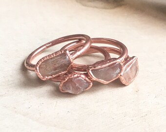 Dainty Sunstone Stacking Ring, Tumbled Sunstone Ring, Electroformed Sunstone and Copper Ring, Jewelry Gift for Her, Bohemian Jewelry