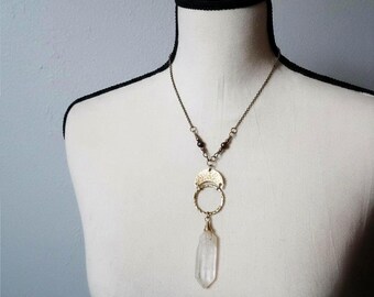 Handmade Quartz Crystal Point Necklace: Brass Boho Talisman
