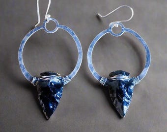 Black Obsidian Arrowhead Earrings: Sterling Silver Boho Hoops