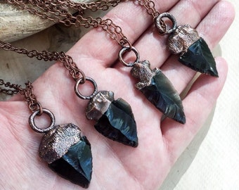 Black Obsidian Arrowhead Necklace, Dragonglass Arrowhead, Arrowhead Unisex Jewelry, Protection Grounding Stone Pendant, Electroformed Copper