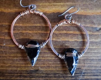 Black Obsidian Arrowhead and Copper Hoop Earrings, Bohemian Hoop Earrings, Crystal Earrings, Bohemian Jewelry, Blackbird & Sage Jewelry