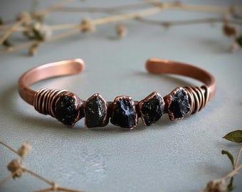 Raw Black Tourmaline Copper Cuff | Bronze Wire Wrap | Handcrafted Electroformed Copper | Made to Order