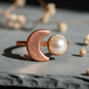 Crescent Moon Pearl Ring | Electroformed Copper | Made to Order
