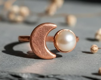 Crescent Moon Pearl Ring | Electroformed Copper | Made to Order