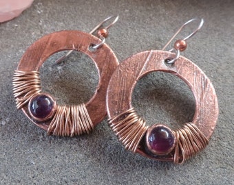 Amethyst Earrings In Copper and Bronze Wire, Crystal Earrings, Talisman Copper Jewelry, Drop, Bohemian, Electroformed