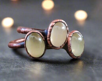 Electroformed Copper Prehnite Ring: Rustic Healer's Stone, US Size 5-6