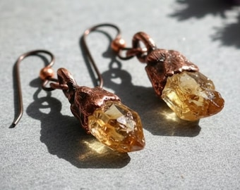 Raw Citrine Dangle Earrings | Electroformed Copper, Solar Plexus Talisman