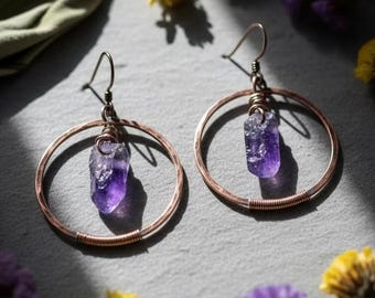 Raw Amethyst Hoop Earrings | Raw Crystal Point | Handcrafted Electroformed Copper | Made to Order