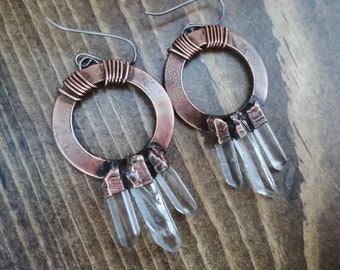 3 Point Quartz Hoop Earrings in Copper, Statement Rustic Earrings, Raw Rustic Boho Jewelry, Talisman Jewelry in Copper