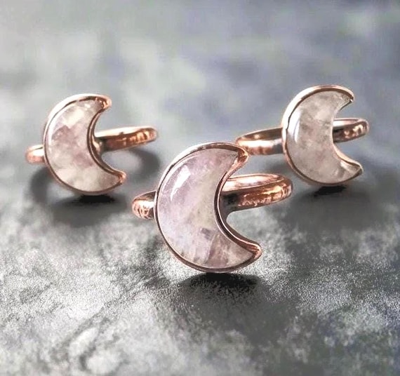 Kunzite Crescent Moon Ring: Electroformed Copper Boho Jewelry