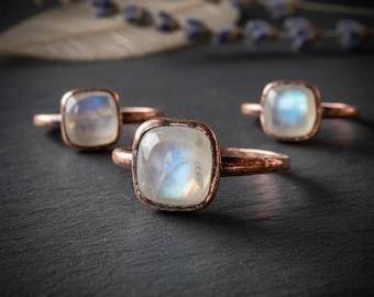 Square Moonstone Ring | Electroformed Copper, Antique Finish, June Birthstone