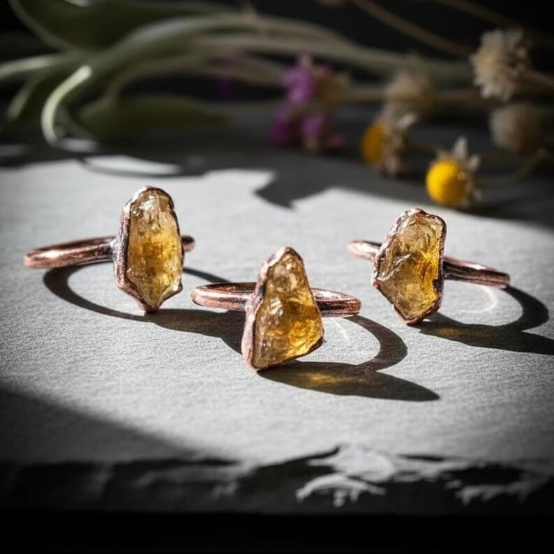 Raw Citrine Copper Ring: Electroformed Boho Crystal Jewelry - BlackbirdSageStudio