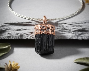 Raw Black Tourmaline Necklace | Electroformed Copper Cap | Stainless Steel Chain | Ready to Ship