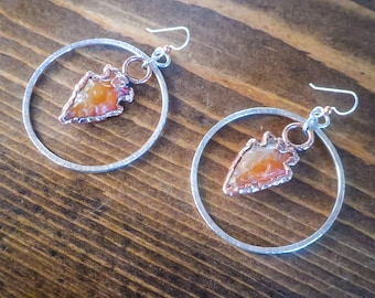 Carnelian Arrowhead in Copper and Sterling Silver Hoop Earrings, Bohemian Hoops, Carnelian Jewelry, Bohemian Crystal Accessories