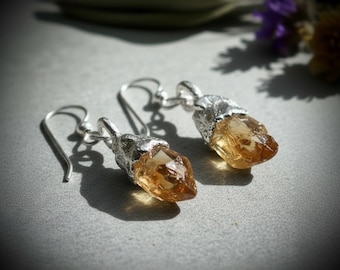 Raw Citrine Dangle Earrings | Silver Plated Electroformed | Solar Plexus Talisman | Made to Order