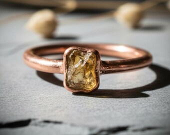 Dainty Raw Citrine Ring | Electroformed Copper Stacking Ring | Bright or Antique Finish | Made to Order