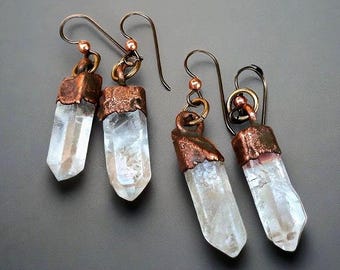 Raw Quartz Crystal Earrings: Electroformed Copper Boho Dangles