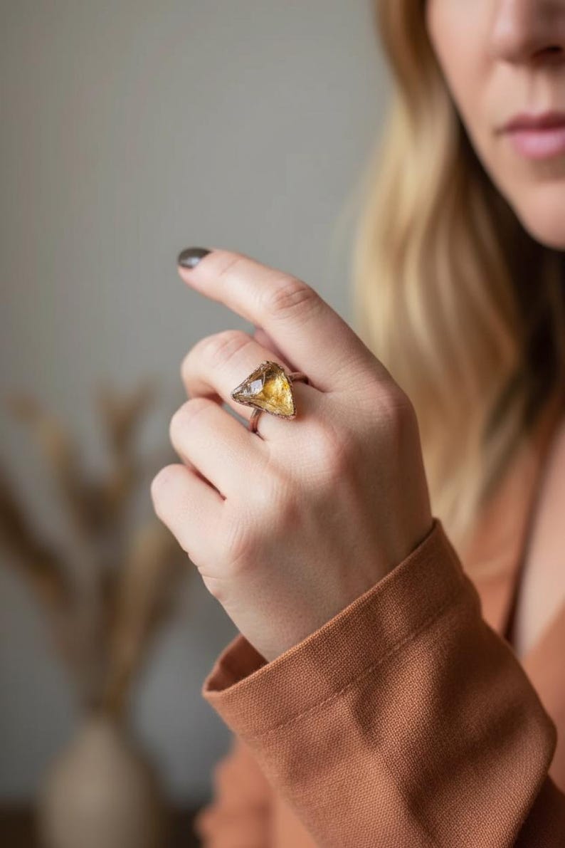 Raw Citrine Copper Ring: Electroformed Boho Crystal Jewelry - BlackbirdSageStudio
