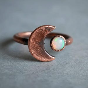 Electroformed Copper Crescent Moon Opal Ring - October Birthstone