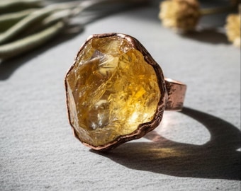 Large Raw Citrine Statement Ring | Wide Band Electroformed Copper | Made to Order