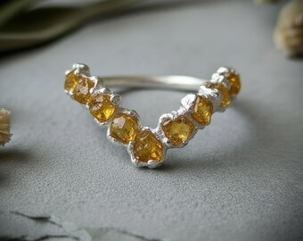 Raw Citrine Chevron Ring | November Birthstone | Electroformed Silver | Made to Order