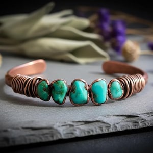Raw Sonoran Turquoise Copper Cuff | Bronze Wire Wrap | Handcrafted Electroformed Copper | Made to Order