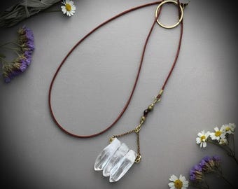 Raw Quartz Lariat Necklace | Brass Ring Closure | Dark Red Leather or Vegan Cord | Made to Order