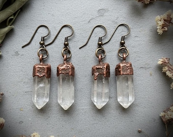 Raw Quartz Point Drop Earrings | Electroformed Copper Crystal Jewelry