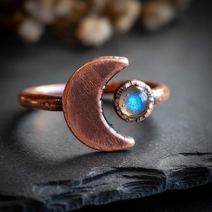 Labradorite Crescent Moon Ring | Electroformed Copper | Made to Order