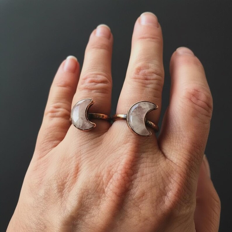 Kunzite Crescent Moon Ring: Electroformed Copper Boho Jewelry - BlackbirdSageStudio