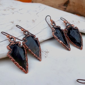 Obsidian Arrowhead Rustic Style Earrings, Obsidian Jewelry, Electroformed Copper Designs, Boho Style Adornments, Witchy, Bohemian