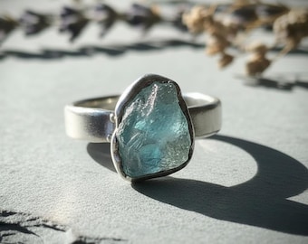 Raw Aquamarine Wide Band Ring | Silver Plated Electroformed | March Birthstone | Made to Order
